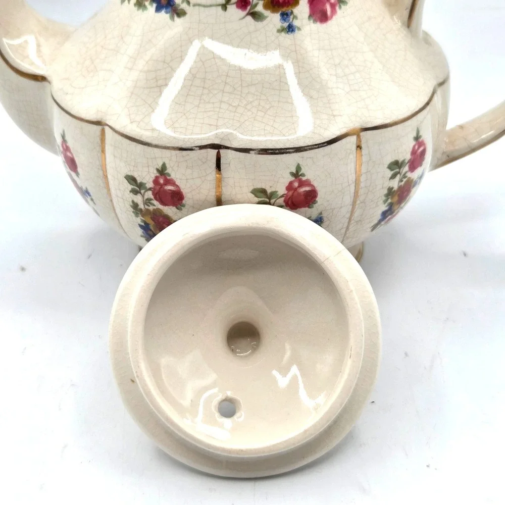 Arthur Wood Donegal TEAPOT with RED Roses and Gold Trim -CRAZING Made in England
